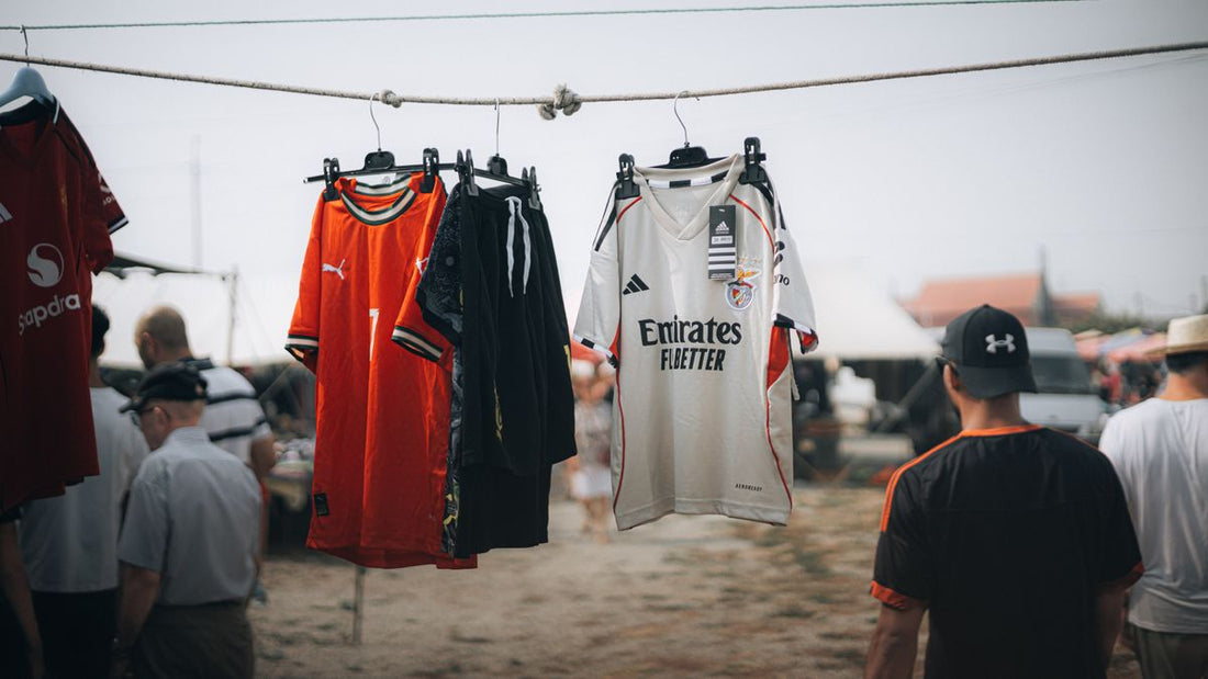 Collection of soccer jerseys on display